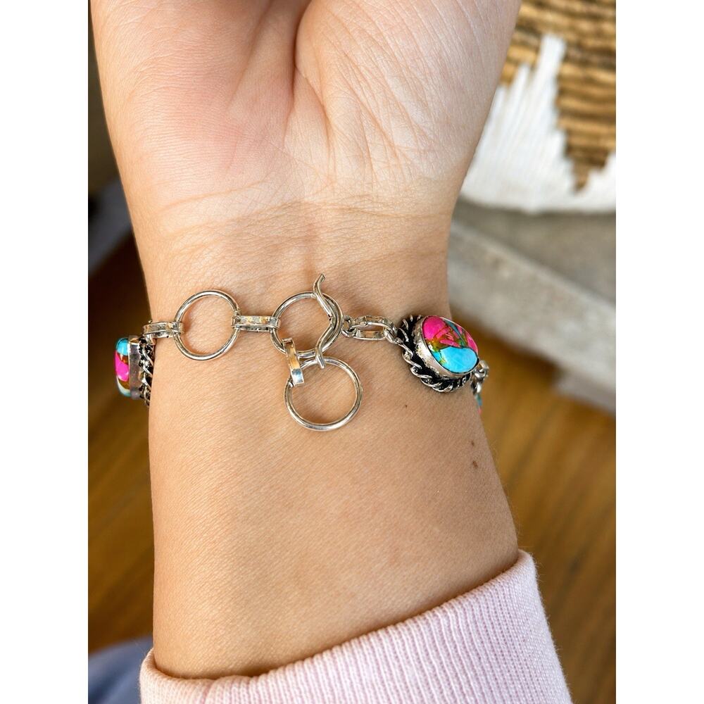 Cotton Candy Turquoise Bracelet Silver Plated Pink Southwestern Boho Adjustable - Picture 4 of 7